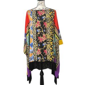 Etro Silk Printed Poncho Top With Fringe Hem Tunic Boho Colorful Womens One Size